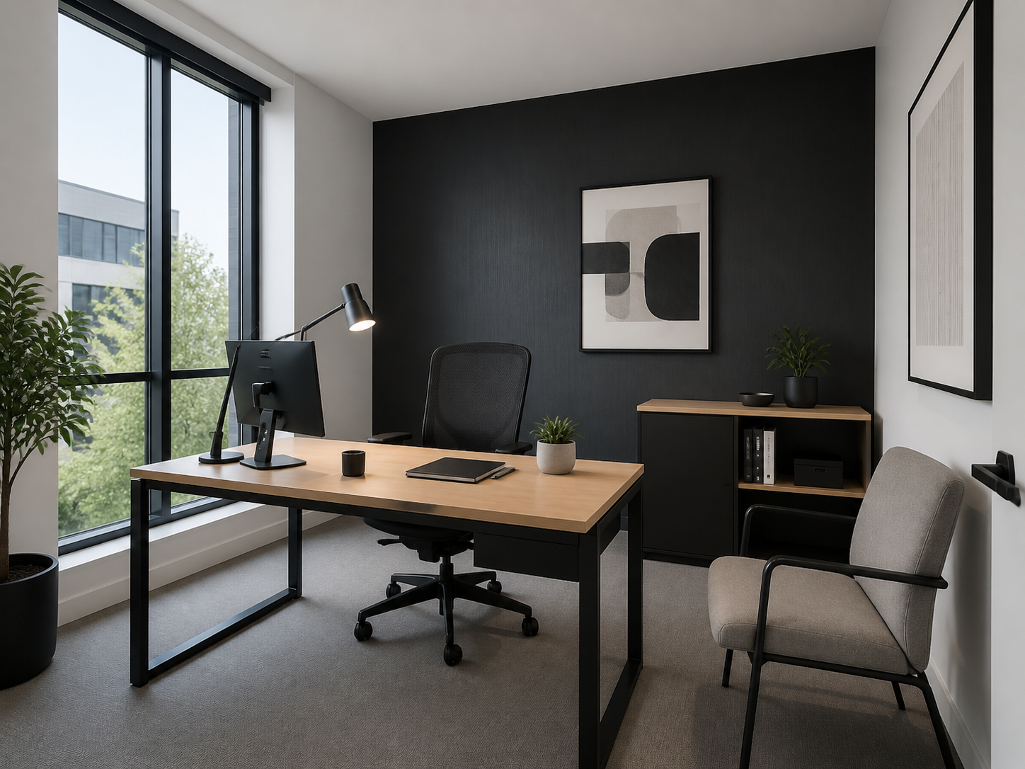 A furnished workspace at ROOST Offices