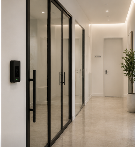 The secure building entrance and clearly marked office signage at ROOST Offices